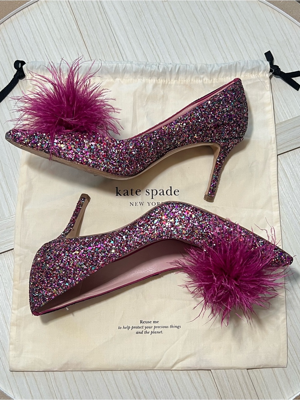 Kate Spade Marabou Glitter Dress Heels Fuchsia Feather Puff Statement Pumps 9.5 - Picture 11 of 12